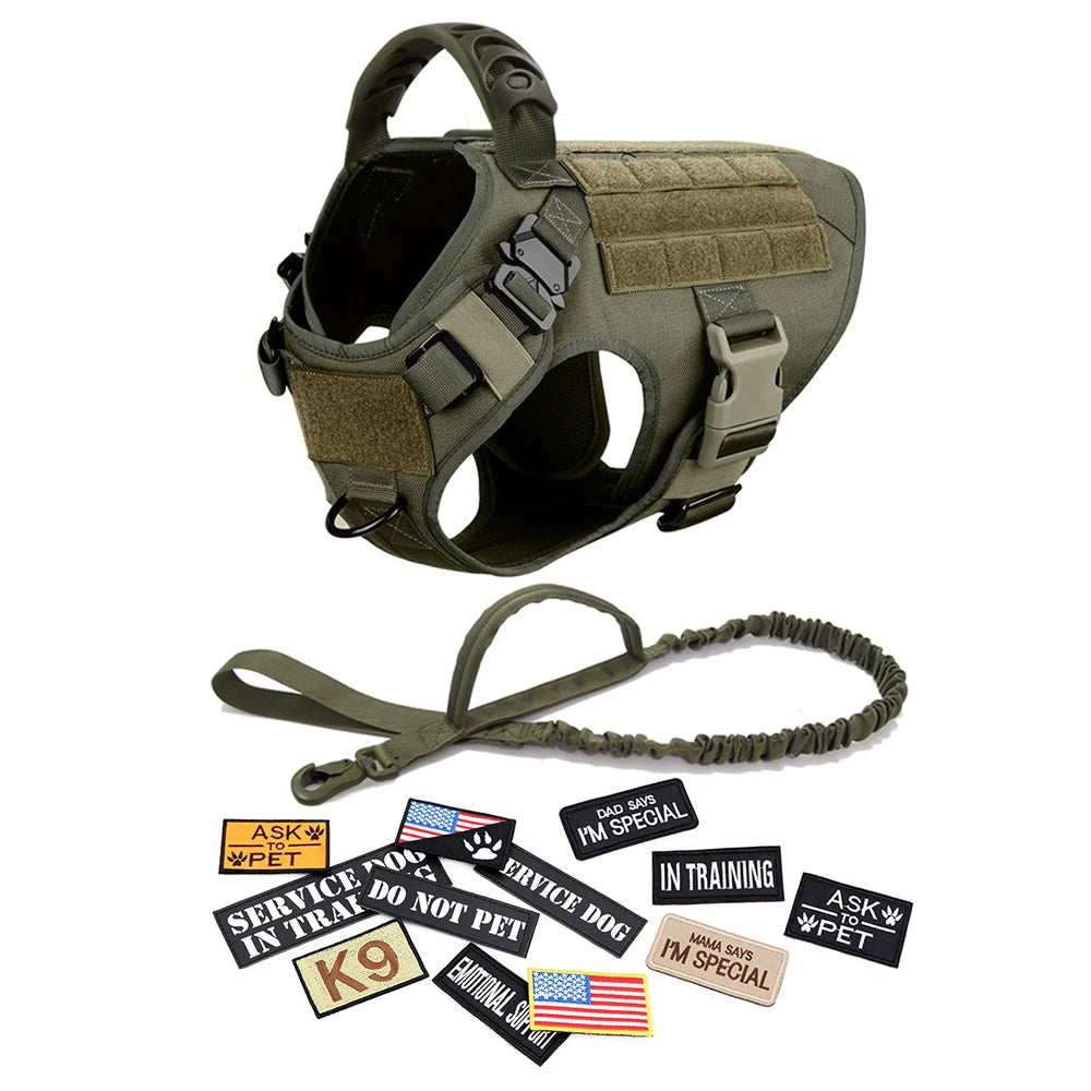 Military Large Dog Harness Collar Leash Bags Patches Set Pet Malinois Training Vests