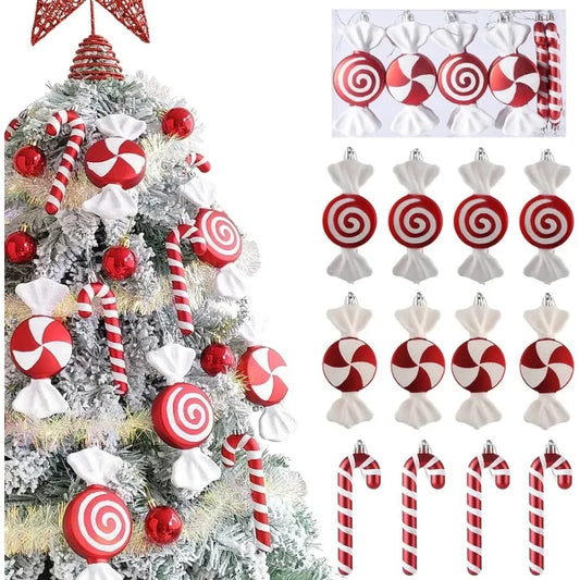 12 Pcs Christmas Candy Cane Lollipop Ornaments for Christmas Tree Decorations Red and White 6.5Inch Assorted Shapes
