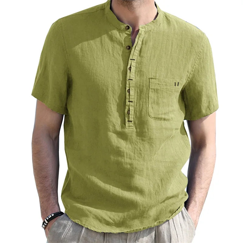 Men s Casual  Fit Short Sleeve Linen Henley Shirt