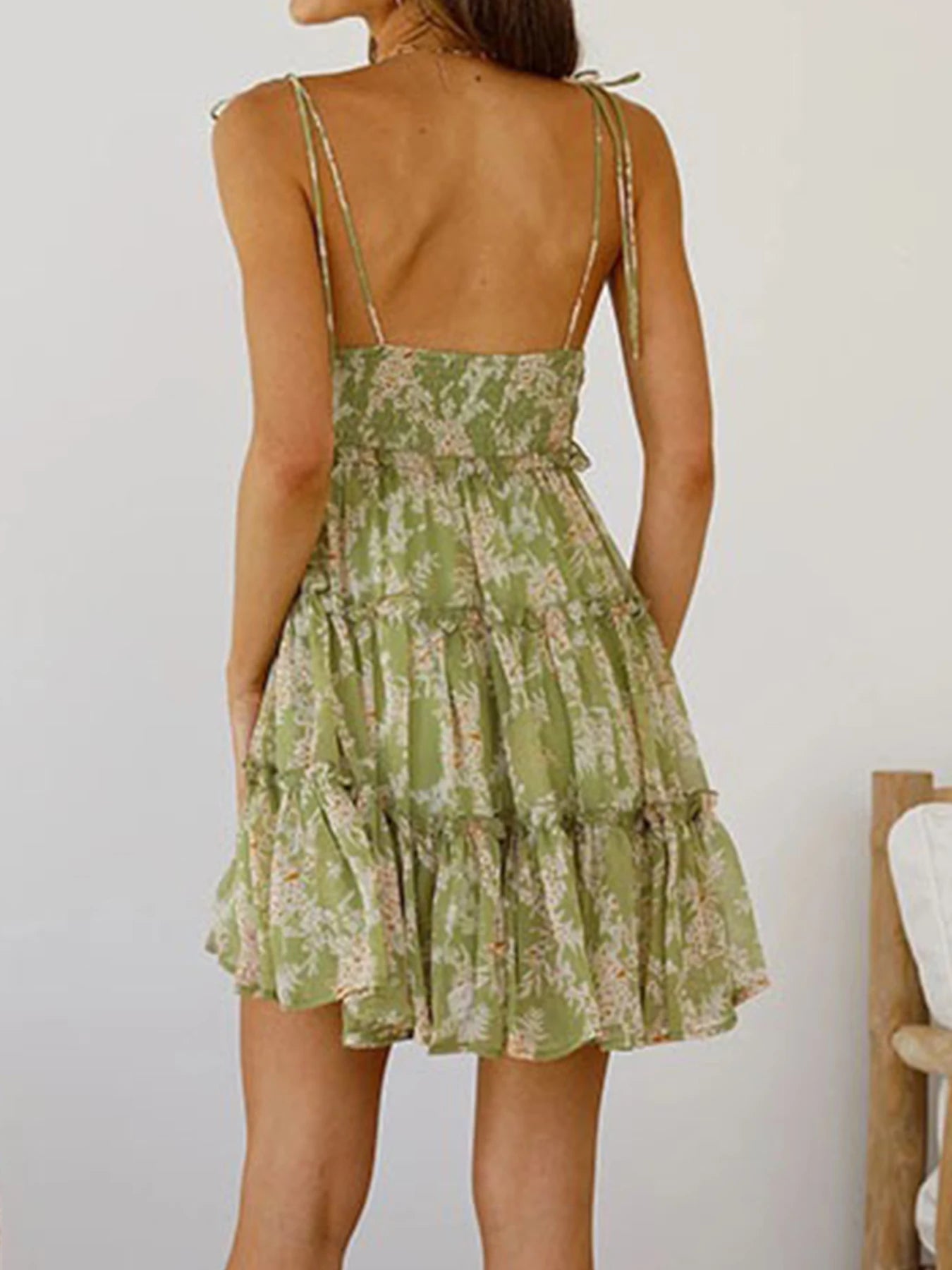 Women's Floral Print Suspender Mini Dress, Bohemian Style Multi-Layered Ruffle Edge