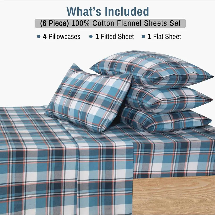 Flannel Sheets Queen Size 6 Pcs 100 Cotton Double Brushed Bed Sheets, Deep Pockets 16 Inches Queen Sheet Set, All Seasons