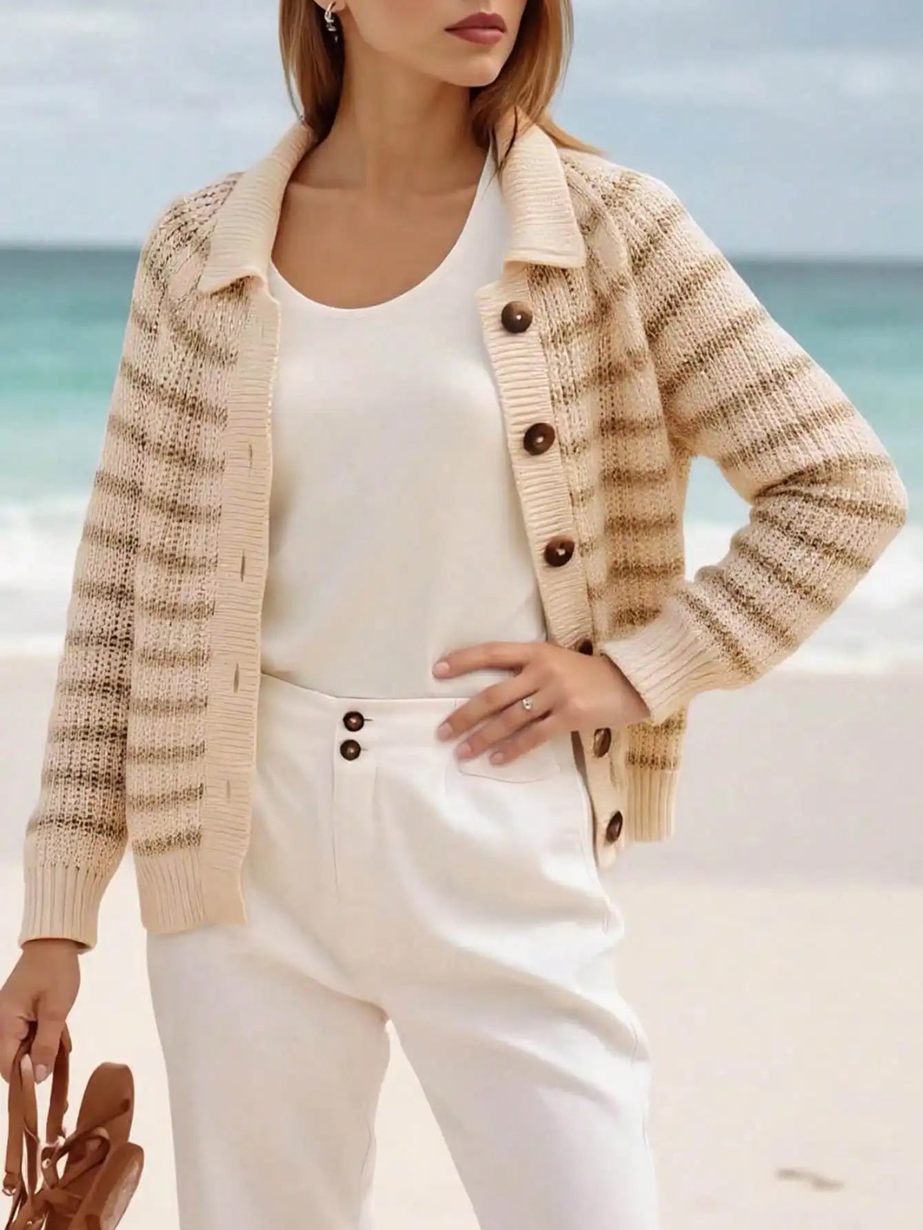 Polo Neck Knit Cardigan | Women's Open Front Long Sleeve Sweater | Button-Down Jacket Style Cover-Up