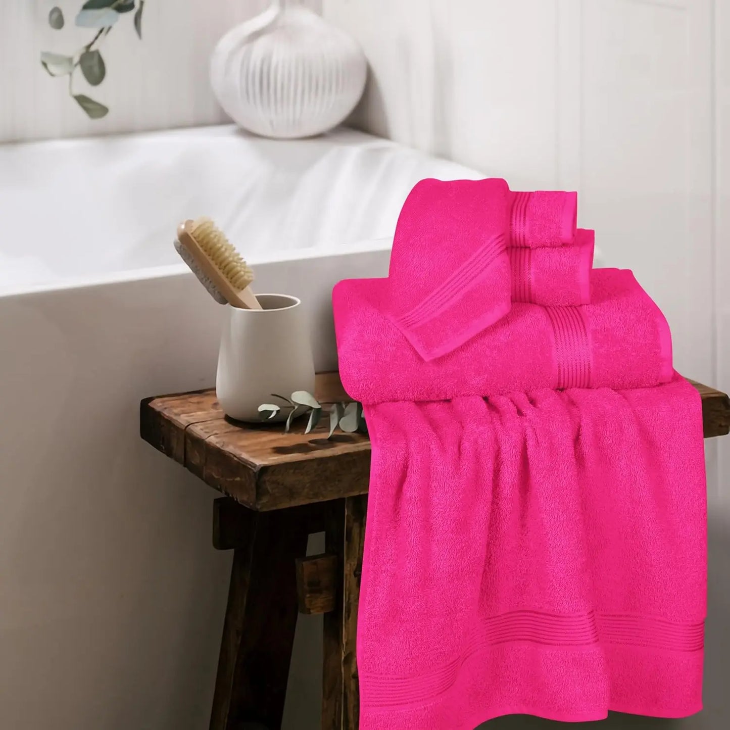 Ultra Soft 6-Pack Cotton Towel Set: 2 Bath, 2 Hand, 2 Wash Cloths - Hot Pink
