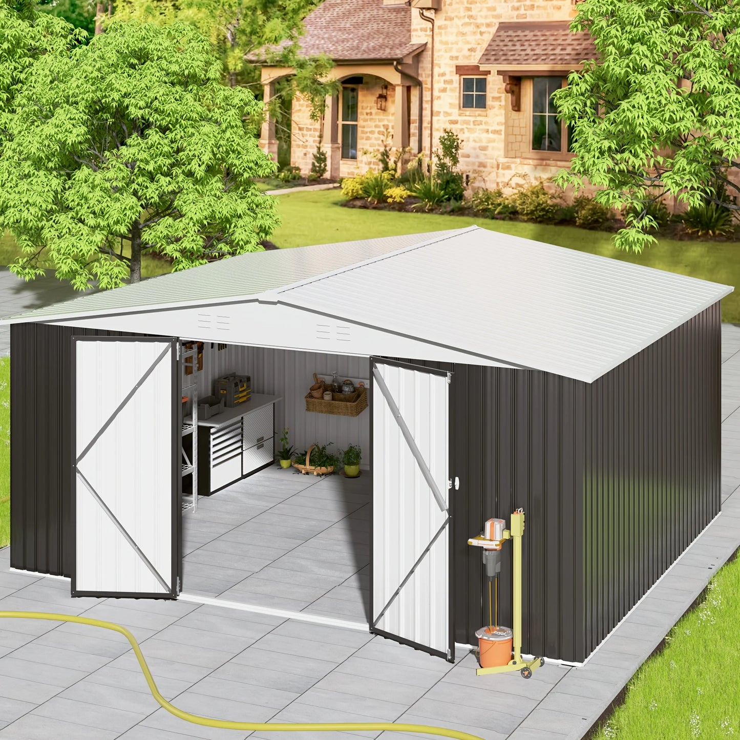 Galvanized Steel Storage Shed Heavy Duty Lockable Hasp Door Black/White Roof Garden Tool Shed for Backyard Patio