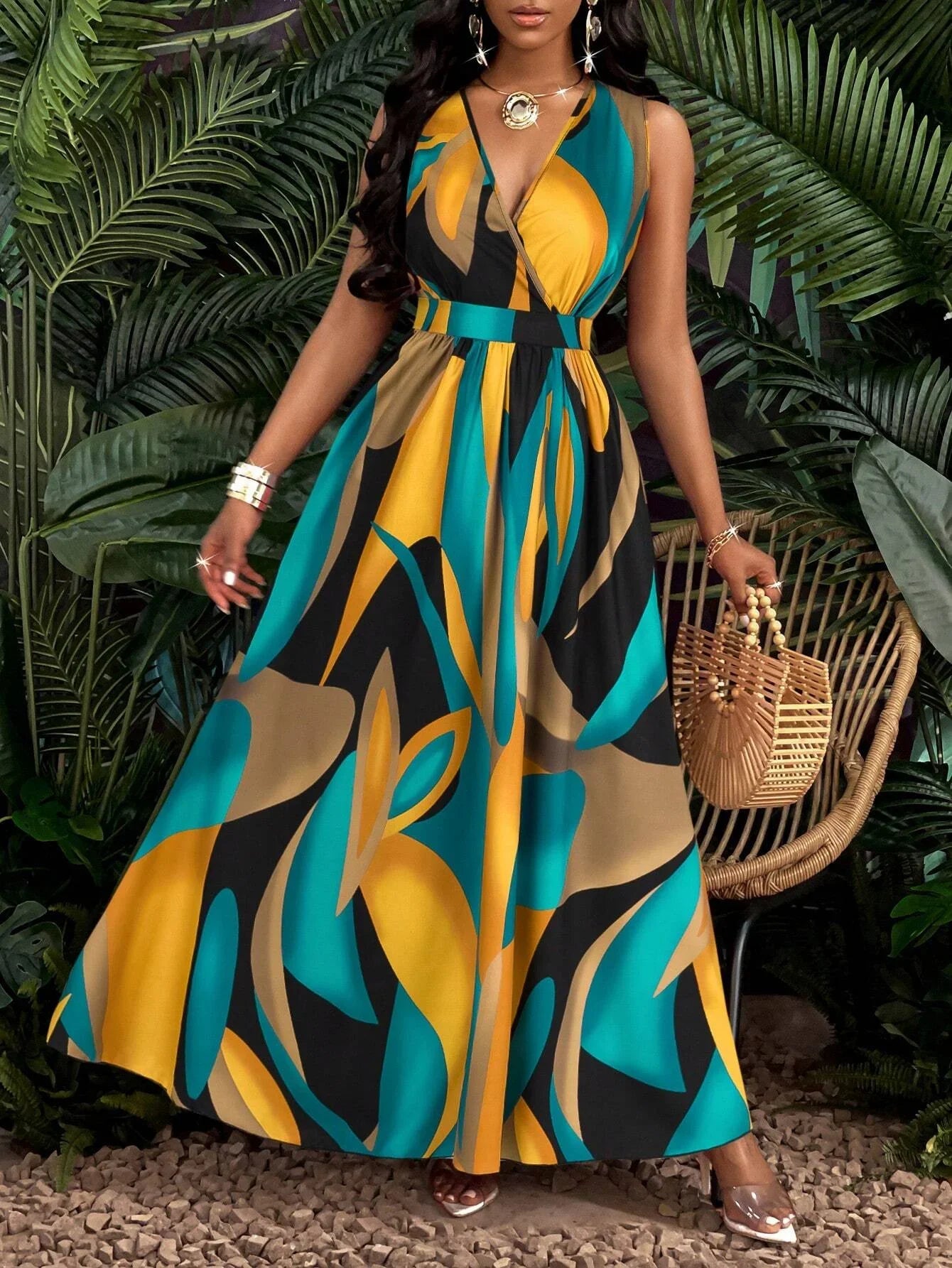Tropical Print V-Neck Waist Section Cable Knit Fit And Flare Dress Maxi Women Outfit