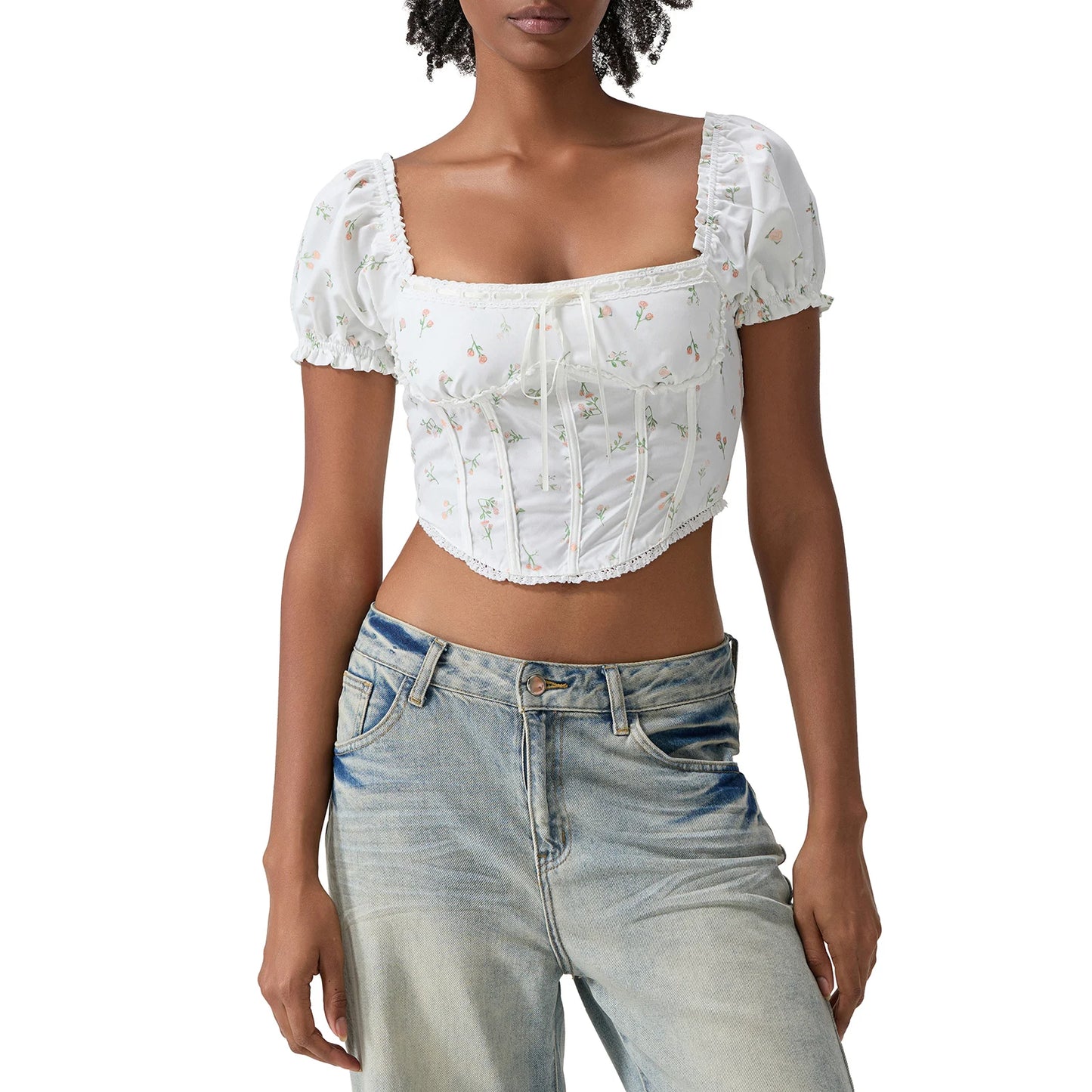 Women T-shirt Square Neck Short Sleeve Backless Tie-up