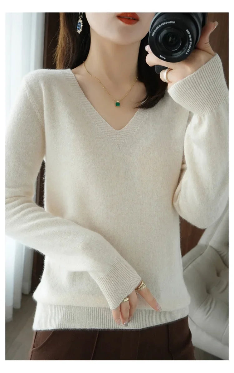Women's Sweater 2025 Autumn Winter Knitted Pullovers V-neck Slim Fit Bottoming Shirt Solid Soft Knitwear