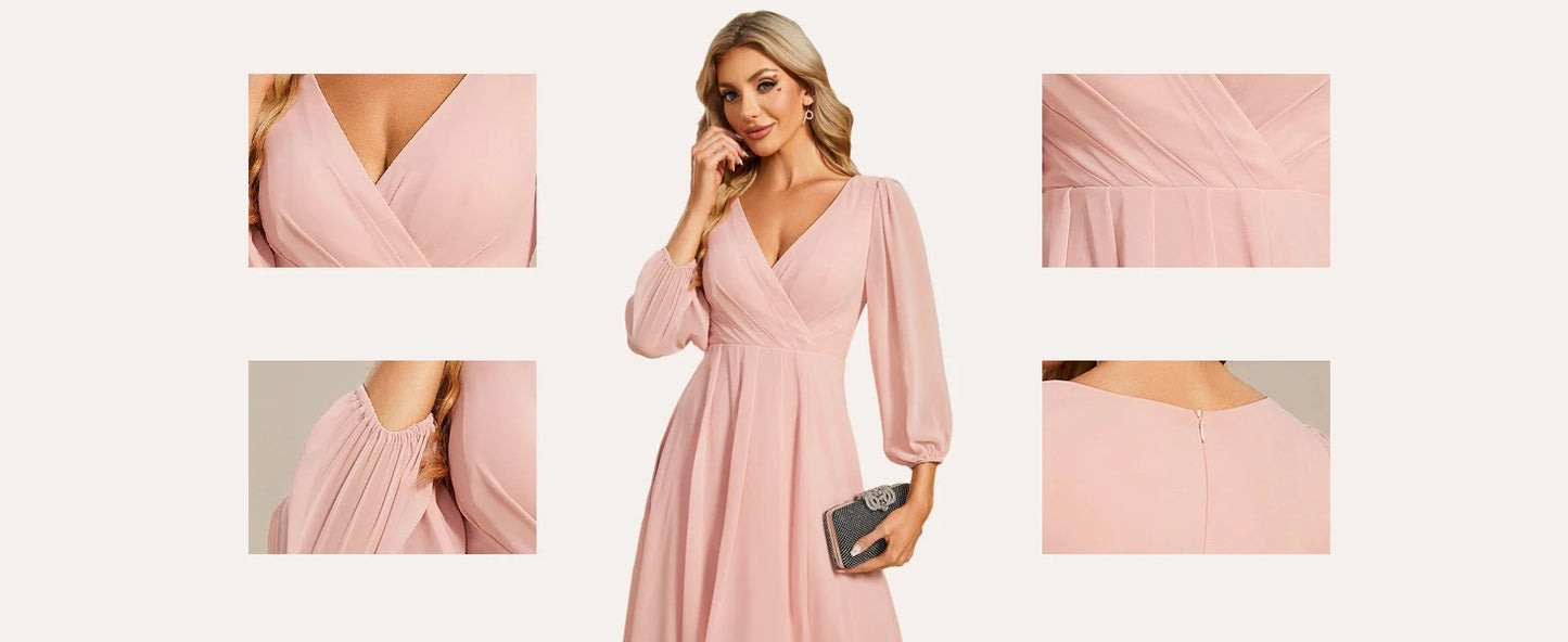 Ever-Pretty Women's Chiffon V Neck Long Sleeves Pleated A-Line Midi Length Wedding Guest Dress