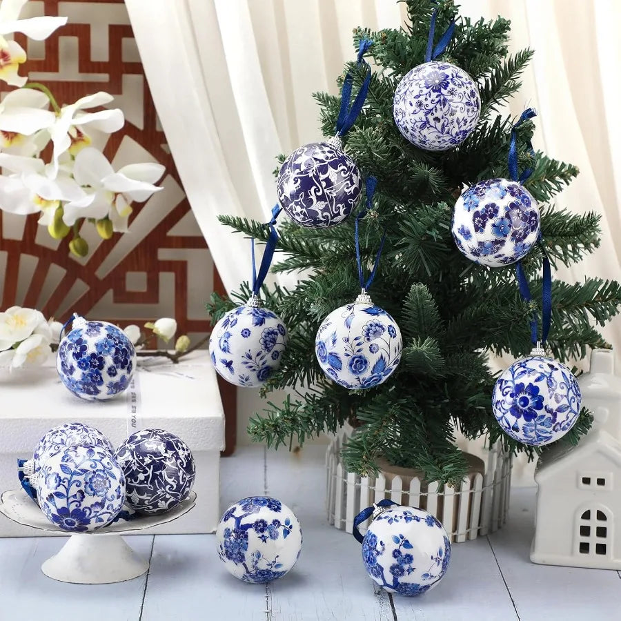 12 Pcs Chinoiserie Christmas Ornaments 2.36 Inch Blue White Ball Ornaments with Ribbon for Christmas Tree Home Party Decor