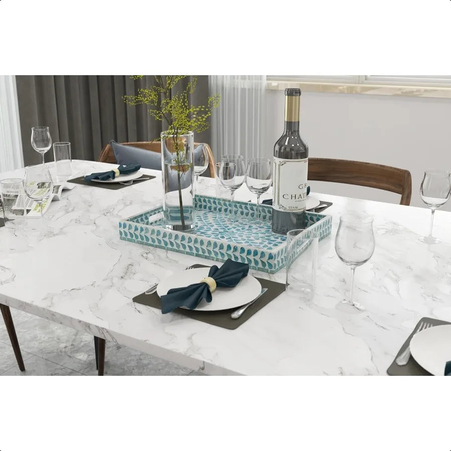 Rectangular Mother of Pearl Serving Tray Nacre Wood Lap Ottoman Tray for Coffee Table Luxury Decorative Handmade