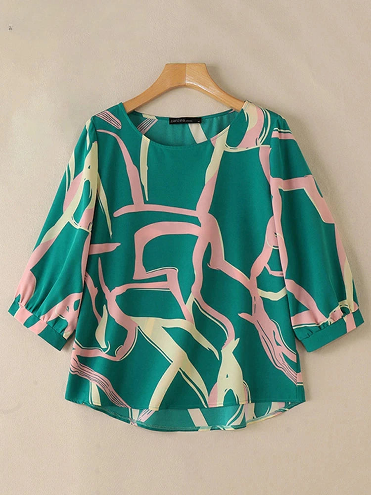 Vintage Line Printed Blouse Fashion 3/4 Sleeve Tunics Holiday Autumn Tops Casual Women Office Lady