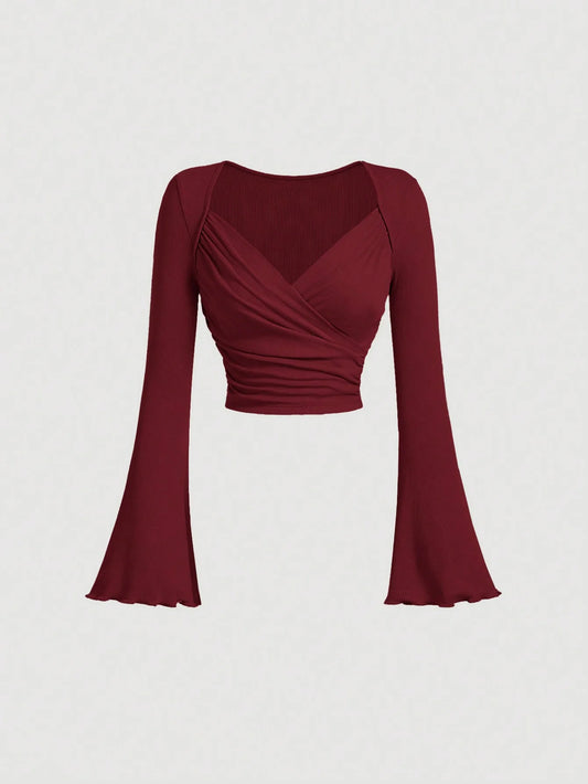 Women's casual slim solid color large V-neck short flared cuff long sleeve T-shirt