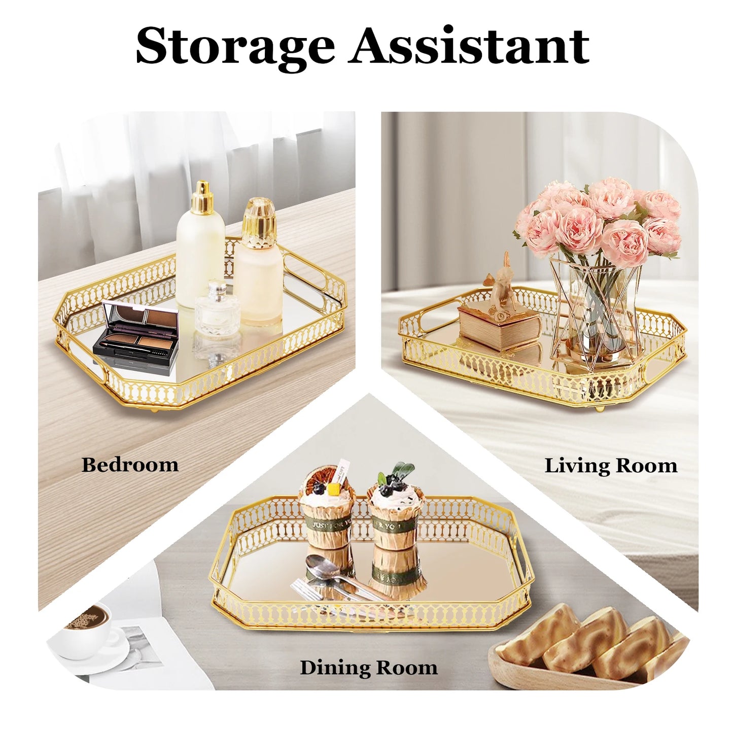 Gold Decorative Tray Rectangular Desktop Serving Vanity Tray Modern Iron Glass Electroplated Tabletop