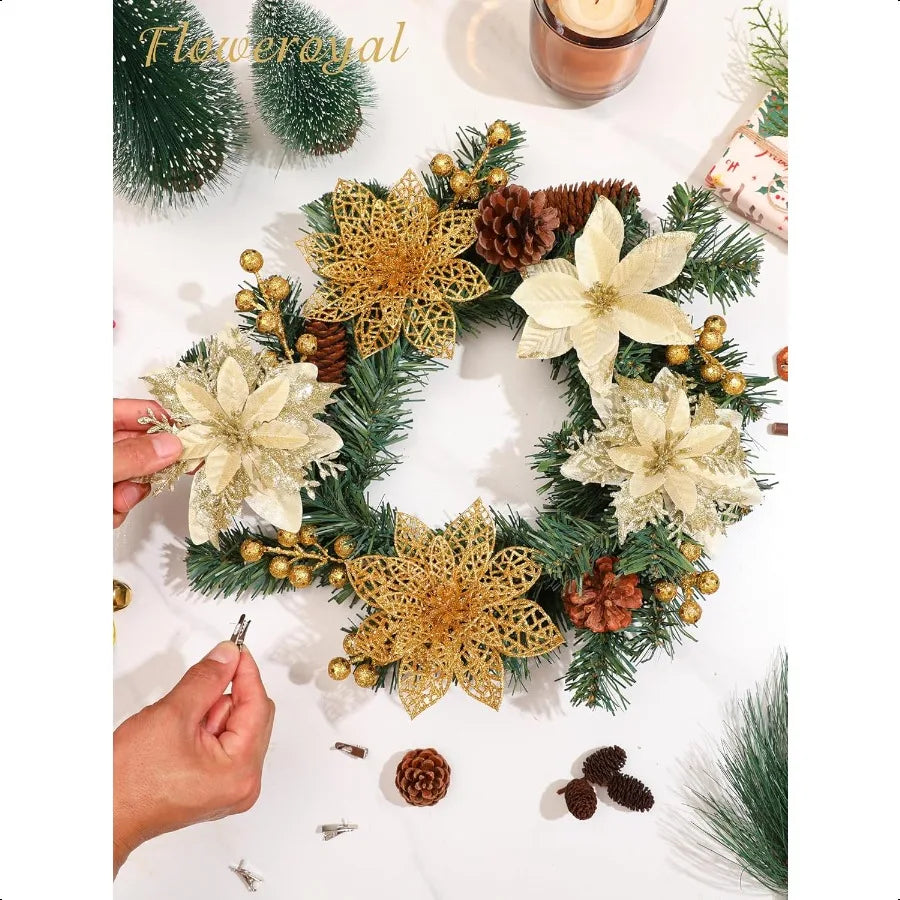 30pcs Poinsettia Artificial Christmas Flowers Decorations with Clips and Berry Stems Glitter Ornaments for Christmas Tree