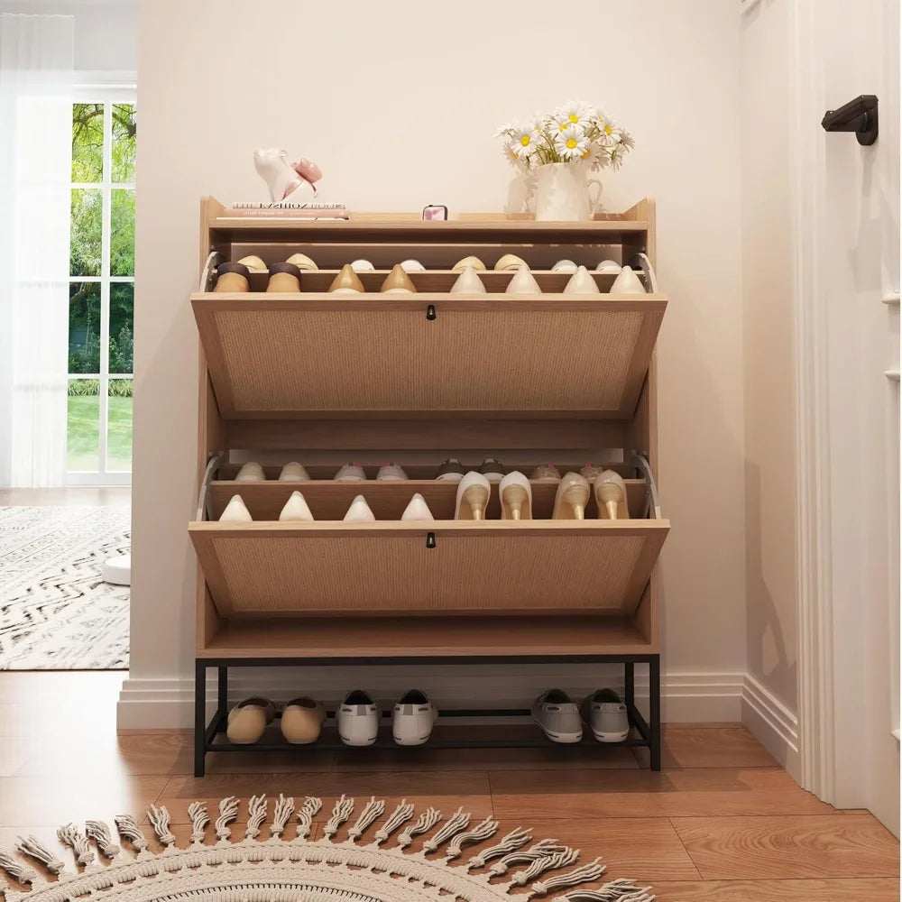 Narrow Shoes Storage Cabinet with 2 Flip Drawers, Freestanding