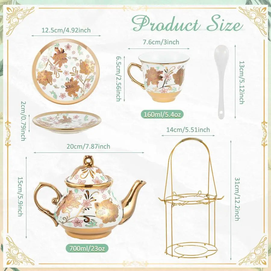 20 Pcs Porcelain Tea Set with Metal Holder and Spoon Adult Ceramic Tea Set European Flower Painting Teapot Cup Saucer