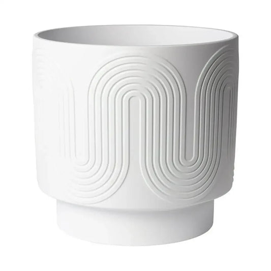 12" White Ceramic Planter Grooved Wave Design