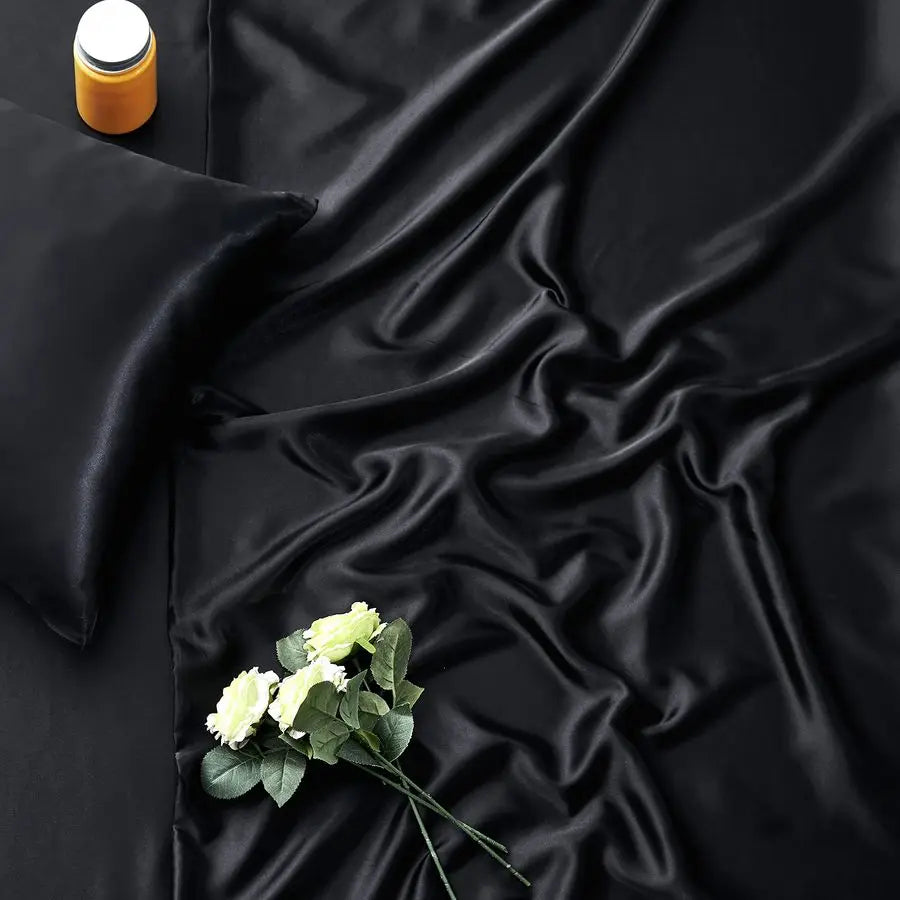 6Pcs Black Satin Duvet Cover Set Queen Size with Satin Fitted Sheet Not Comforter, Silky Comforter Cover Set Queen Duvet Covers