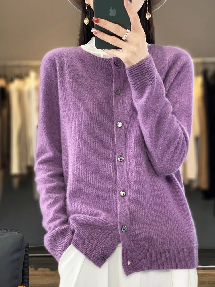 Long Sleeve 100% Merino Wool Sweaters Cashmere Cardigan Spring Autumn Women O-Neck Knitwear