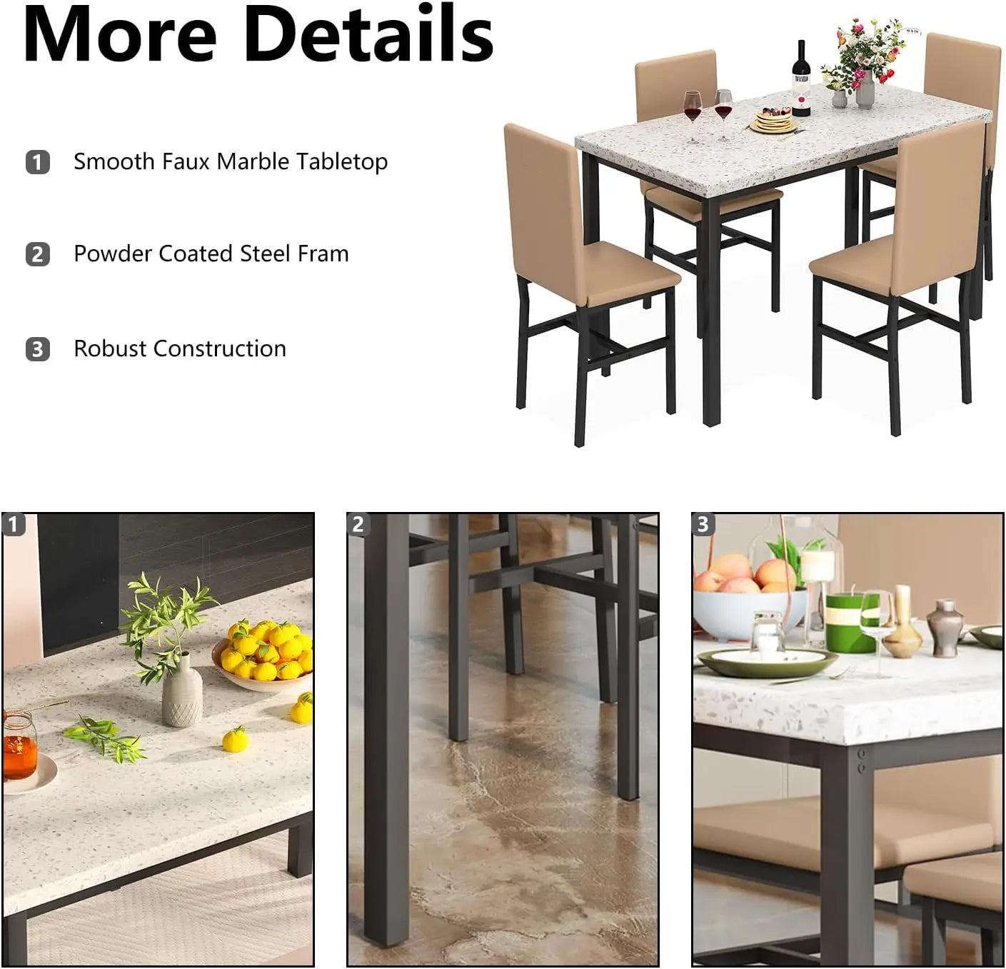 Dining Table Set for 4 5-Piece Marble