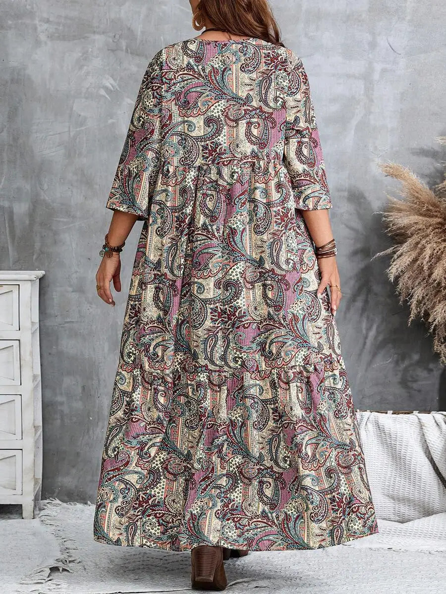 Boho Print Maxi Dress with V-Neck and 3/4 Sleeves, Loose Fit for Casual or Vacation Wear