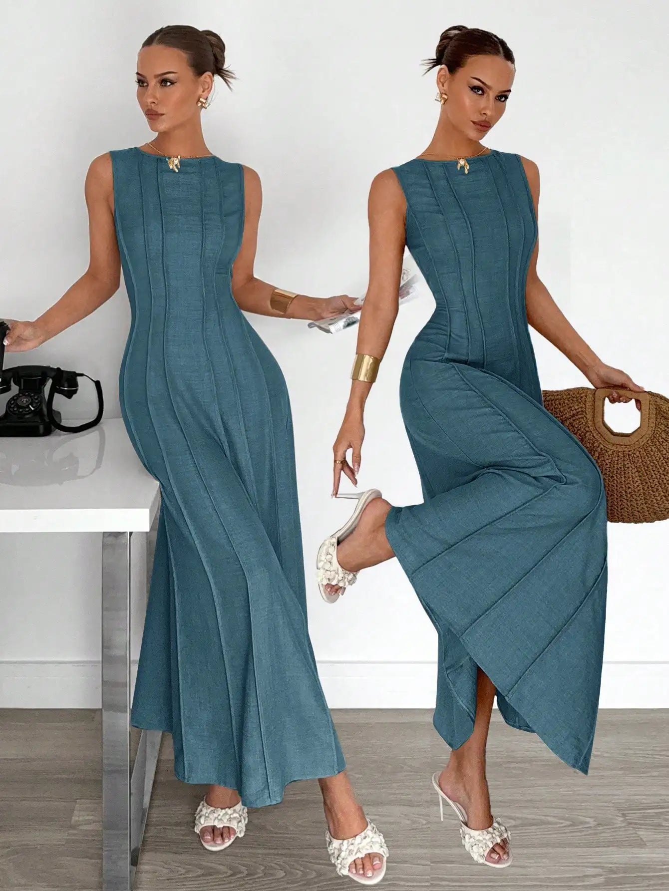 Elegant Linen Long Dress for Women, A-Line Pleated Waist, Sleeveless Maxi with Side Slit, Summer Holiday & Party Wear