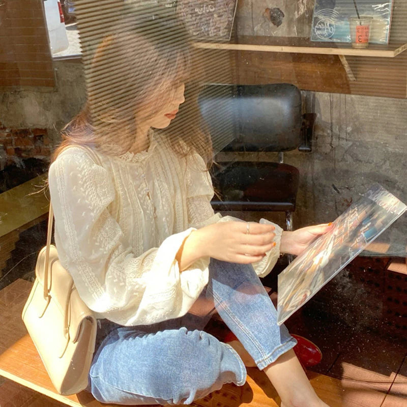 Elegant Lace Women Fashion Blouse New Spring Autumn Long Sleeve Casual Office Loose Shirt Ladies Stand Collar Simple Top Clothes