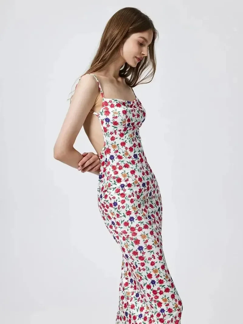 Long Floral Suspender Dress  Sexy Backless Slimming Beach Dress