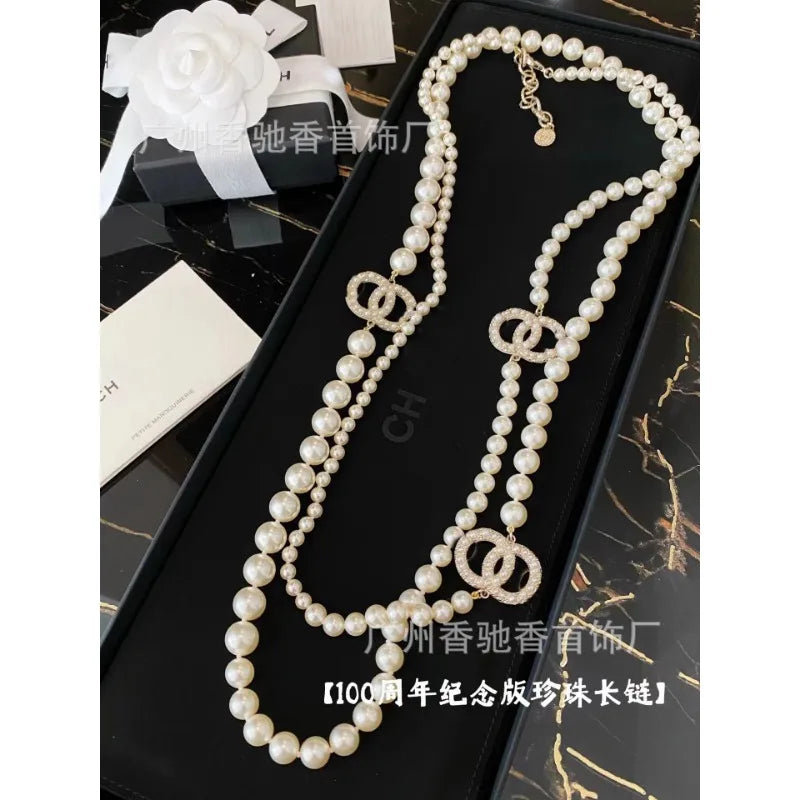New Pearl Diamond Sweater Chain Temperament Versatile High Sense Double C Long Necklace Women
