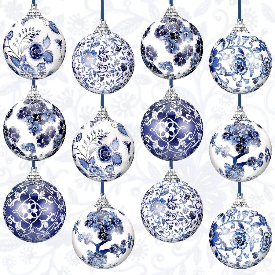12 Pcs Chinoiserie Christmas Ornaments 2.36 Inch Blue White Ball Ornaments with Ribbon for Christmas Tree Home Party Decor