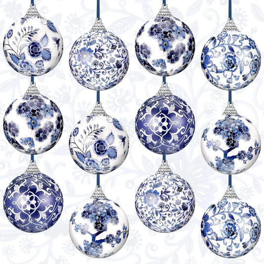 12 Pcs Chinoiserie Christmas Ornaments 2.36 Inch Blue White Ball Ornaments with Ribbon for Christmas Tree Home Party Decor