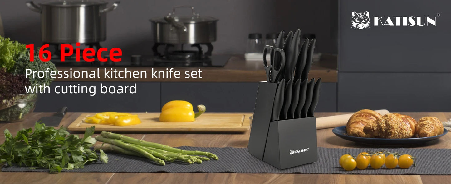 16 Pieces Carbon Steel Kitchen Knife Block Set with Cutting Board, Inner Sharpener, and 6 Steak Knives, Dishwasher Safe