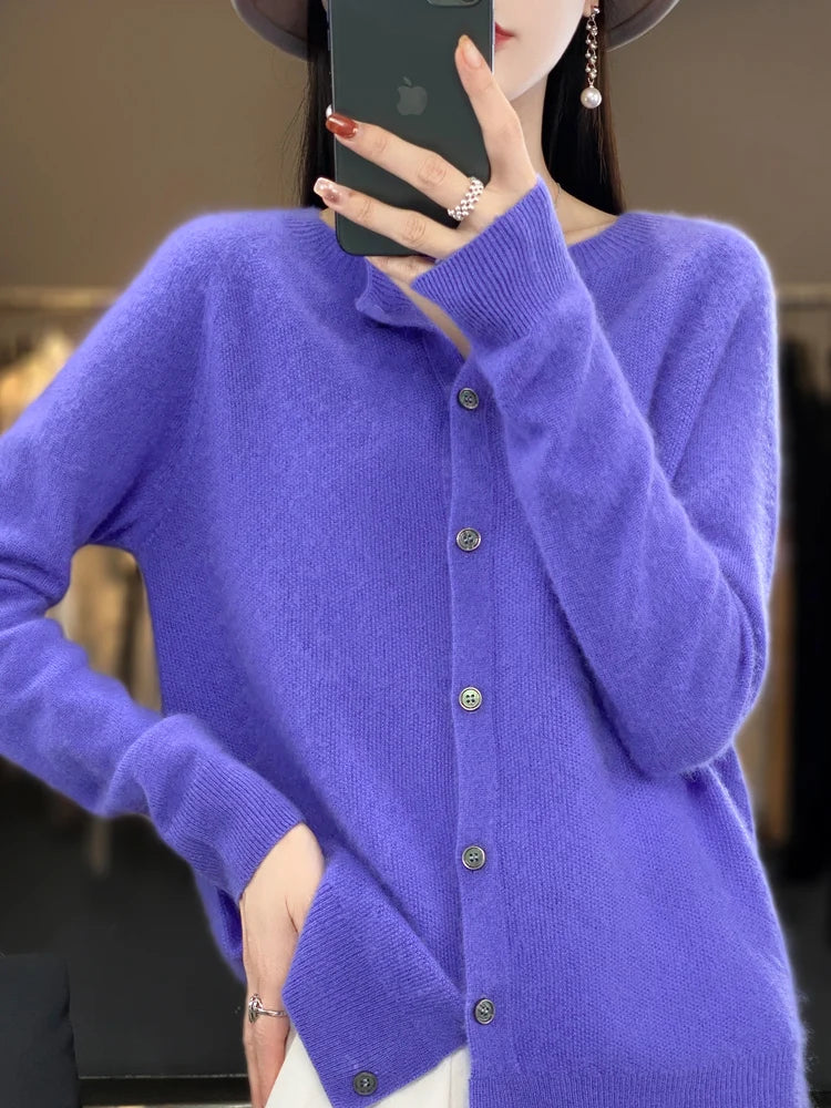 Long Sleeve 100% Merino Wool Sweaters Cashmere Cardigan Spring Autumn Women O-Neck Knitwear