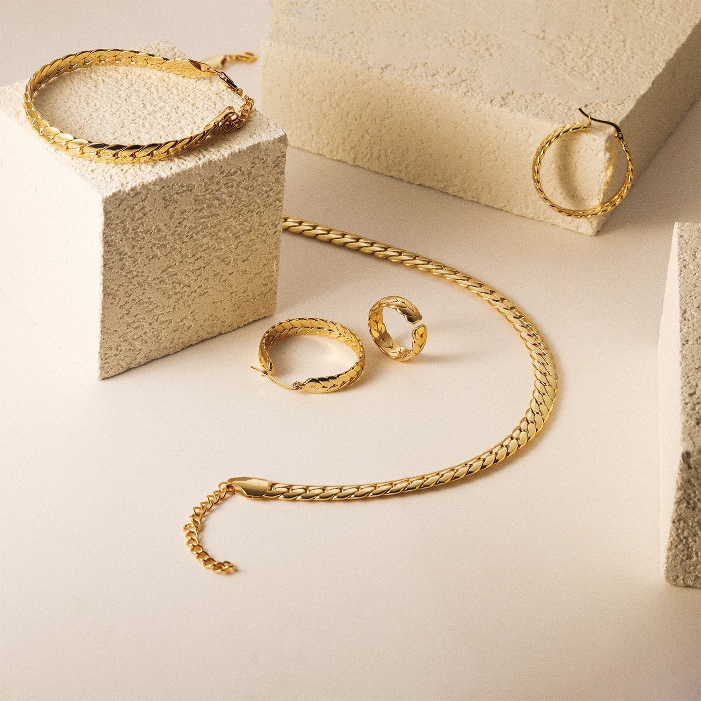 925 Sterling Silver - Gold plated - Serpentine Jewellery Set of 4 (Ring, Necklace, Earrings, Bracelet) -