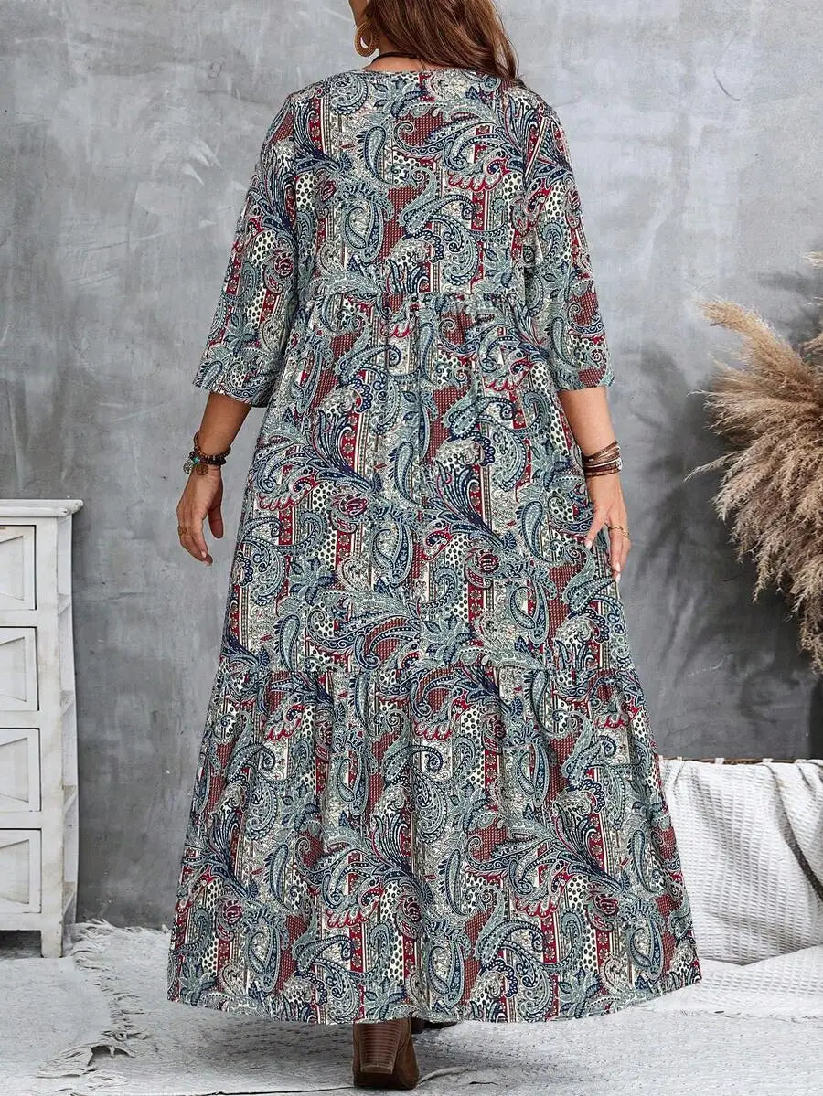 Boho Print Maxi Dress with V-Neck and 3/4 Sleeves, Loose Fit for Casual or Vacation Wear