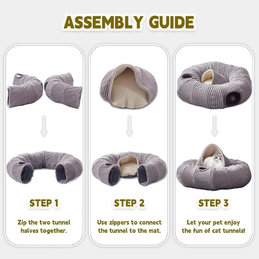 Multifunctional Cat Tunnel Bed with Washable Donut Cushion for Indoor Cats and Small Pets Blackout Tent Hideaway Plaything for