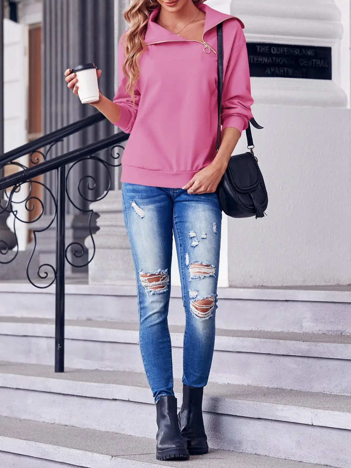 Fisoew Oversized Turtleneck Sweatshirt, Fashion Fleece Pullover Long Sleeve Casual Top, Winter Warm Zipper Hoodie T-Shirt Blouse