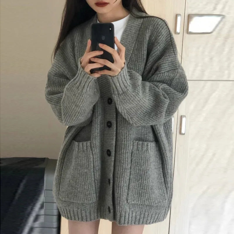 Autumn Winter Women Cardigan Sweater Coats Fashion Long Sleeve V-neck Loose Knitted Jackets Casual Sweater Cardigans