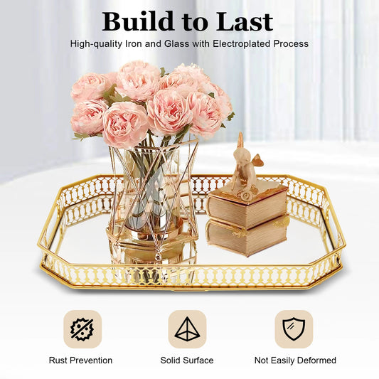 Gold Decorative Tray Rectangular Desktop Serving Vanity Tray Modern Iron Glass Electroplated Tabletop