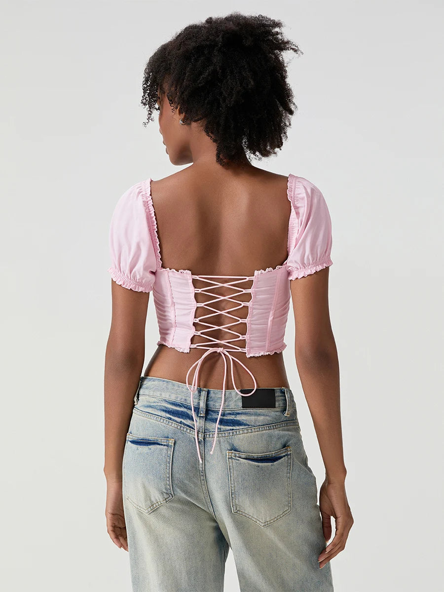 Women T-shirt Square Neck Short Sleeve Backless Tie-up