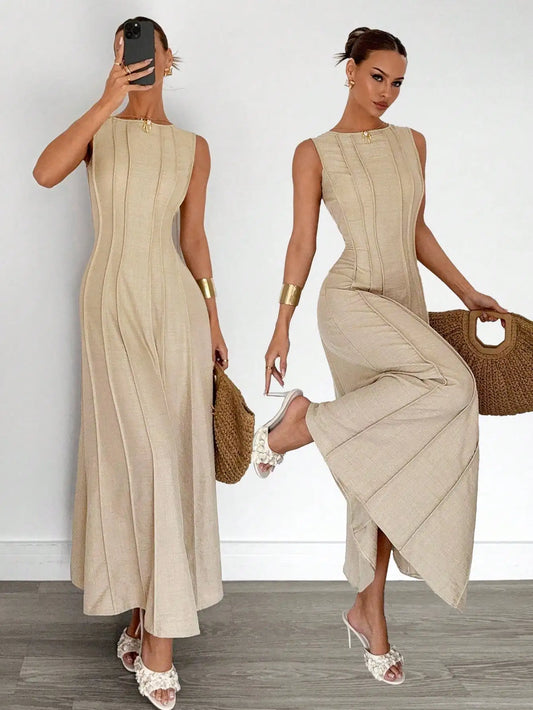 Elegant Linen Long Dress for Women, A-Line Pleated Waist, Sleeveless Maxi with Side Slit, Summer Holiday & Party Wear
