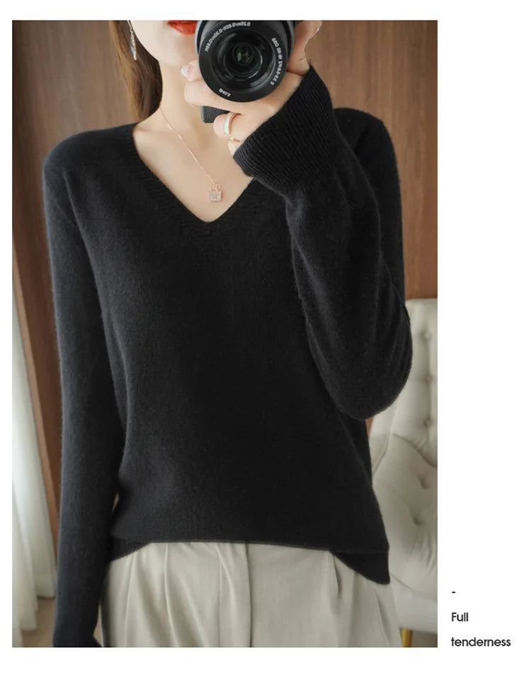 Women's Sweater 2025 Autumn Winter Knitted Pullovers V-neck Slim Fit Bottoming Shirt Solid Soft Knitwear