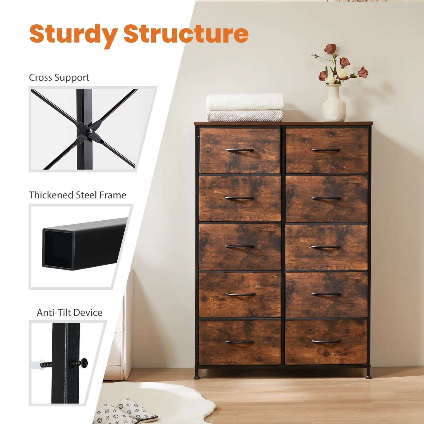 Bedroom Dresser With 10 Fabric Drawers