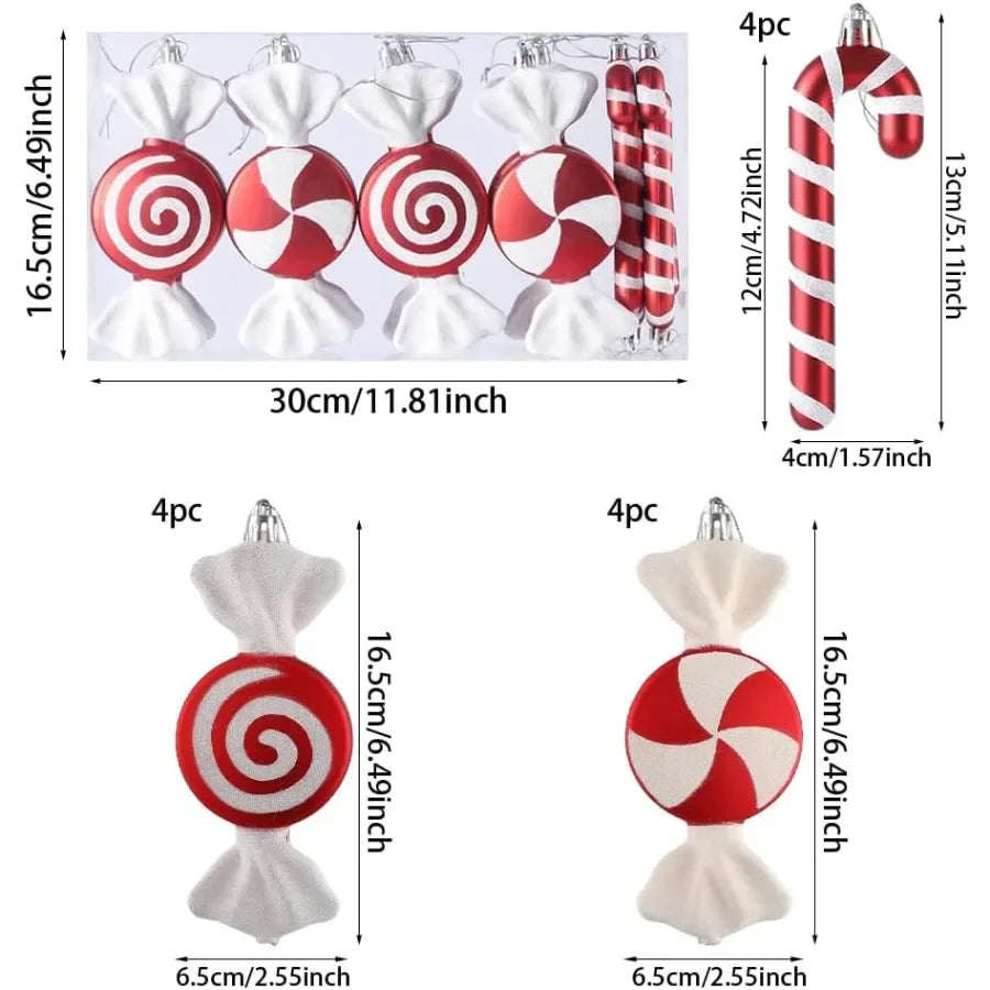 12 Pcs Christmas Candy Cane Lollipop Ornaments for Christmas Tree Decorations Red and White 6.5Inch Assorted Shapes