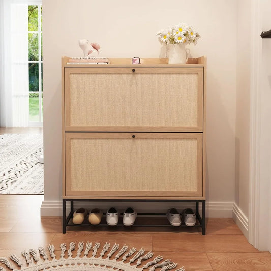 Narrow Shoes Storage Cabinet with 2 Flip Drawers, Freestanding
