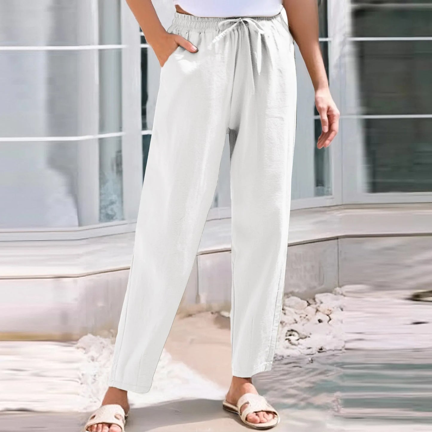 Women Cropped Pants Cotton Linen Baggy Trousers