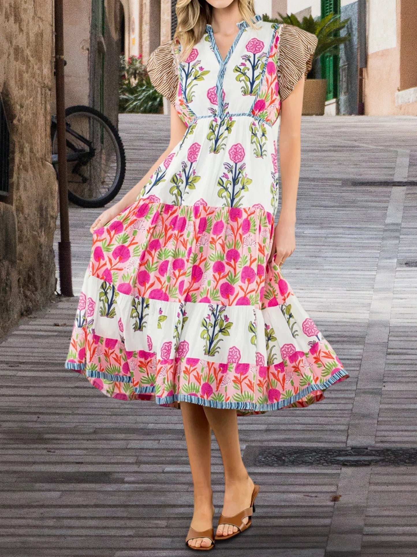 Elegant Boho Style Maxi Dress with Ruffle Sleeves and V-Neckline
