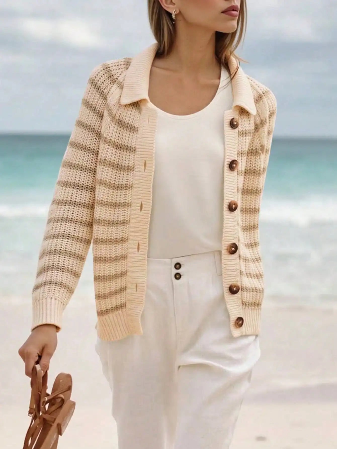 Polo Neck Knit Cardigan | Women's Open Front Long Sleeve Sweater | Button-Down Jacket Style Cover-Up