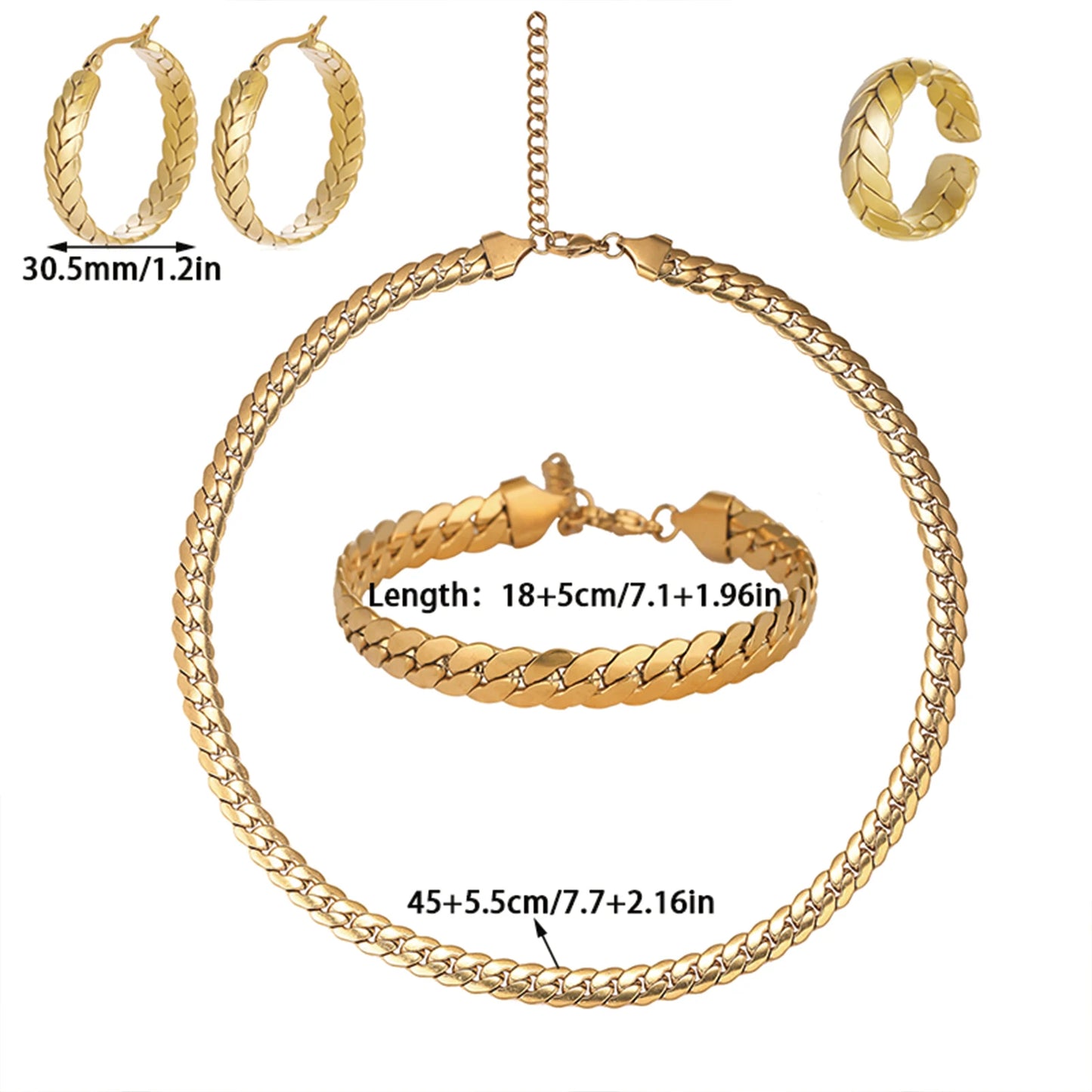925 Sterling Silver - Gold plated - Serpentine Jewellery Set of 4 (Ring, Necklace, Earrings, Bracelet) -