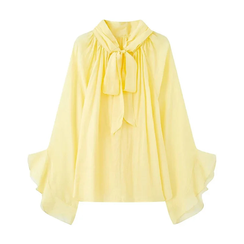 Perspective Women Shirt Autumn New Bow Tied Blouse Woman Tops Lady Ruffles Flare Sleeve Loose Elegant Blouses
